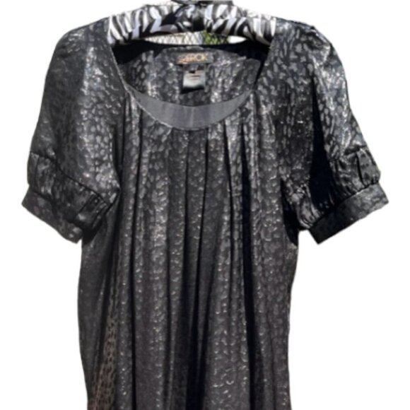 LaRok Black Silk Shiny Animal Print Short Sleeve Balloon Lined Dress Womens Smal - Picture 1 of 12